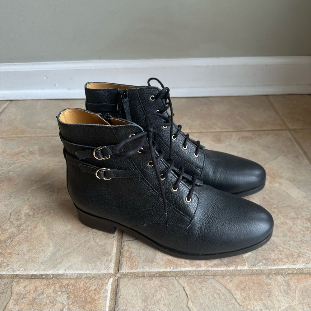 Sezane Low Solene Ankle Lace Up Boots Black Grained Leather​